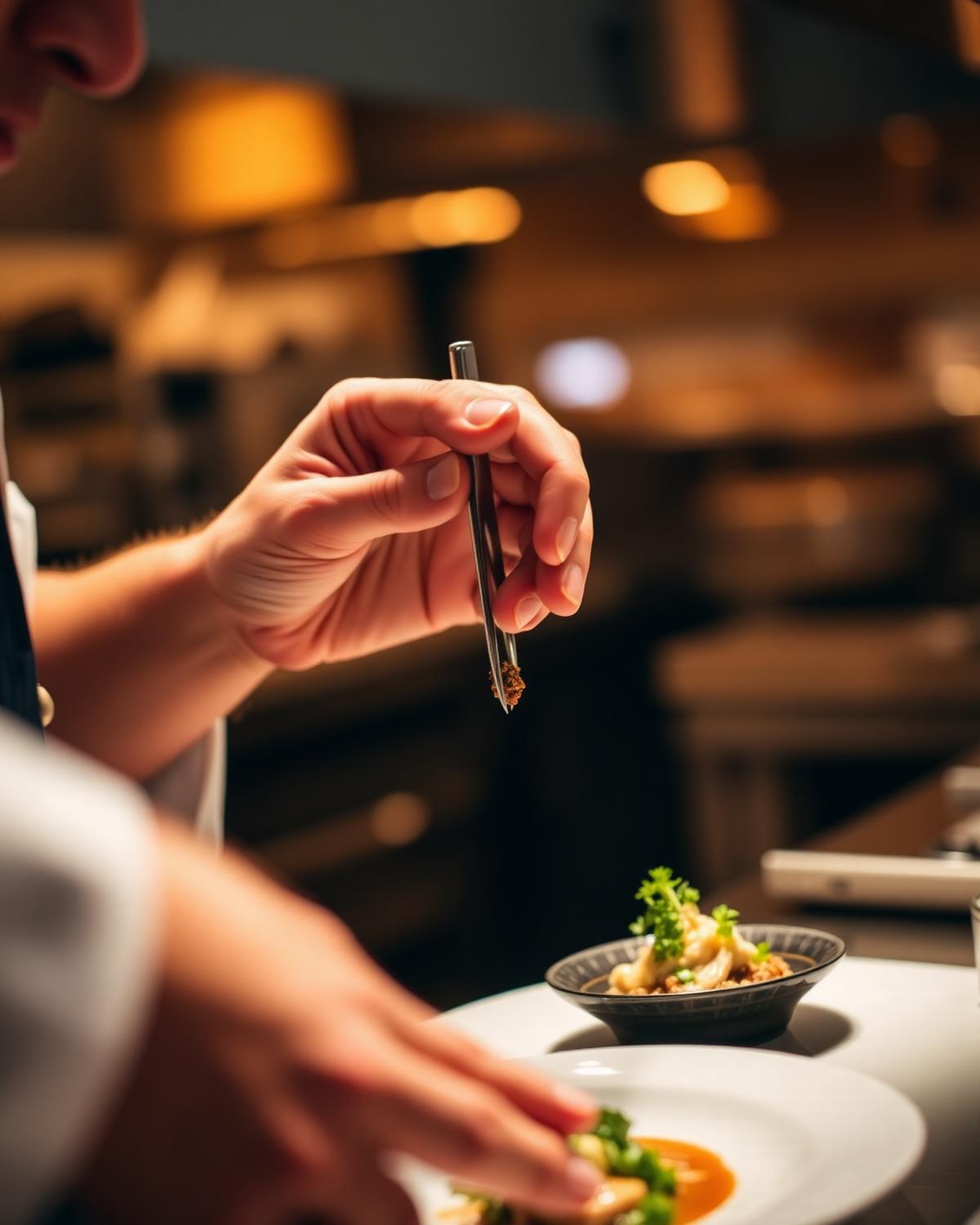 Chef plating a dish with tweezers