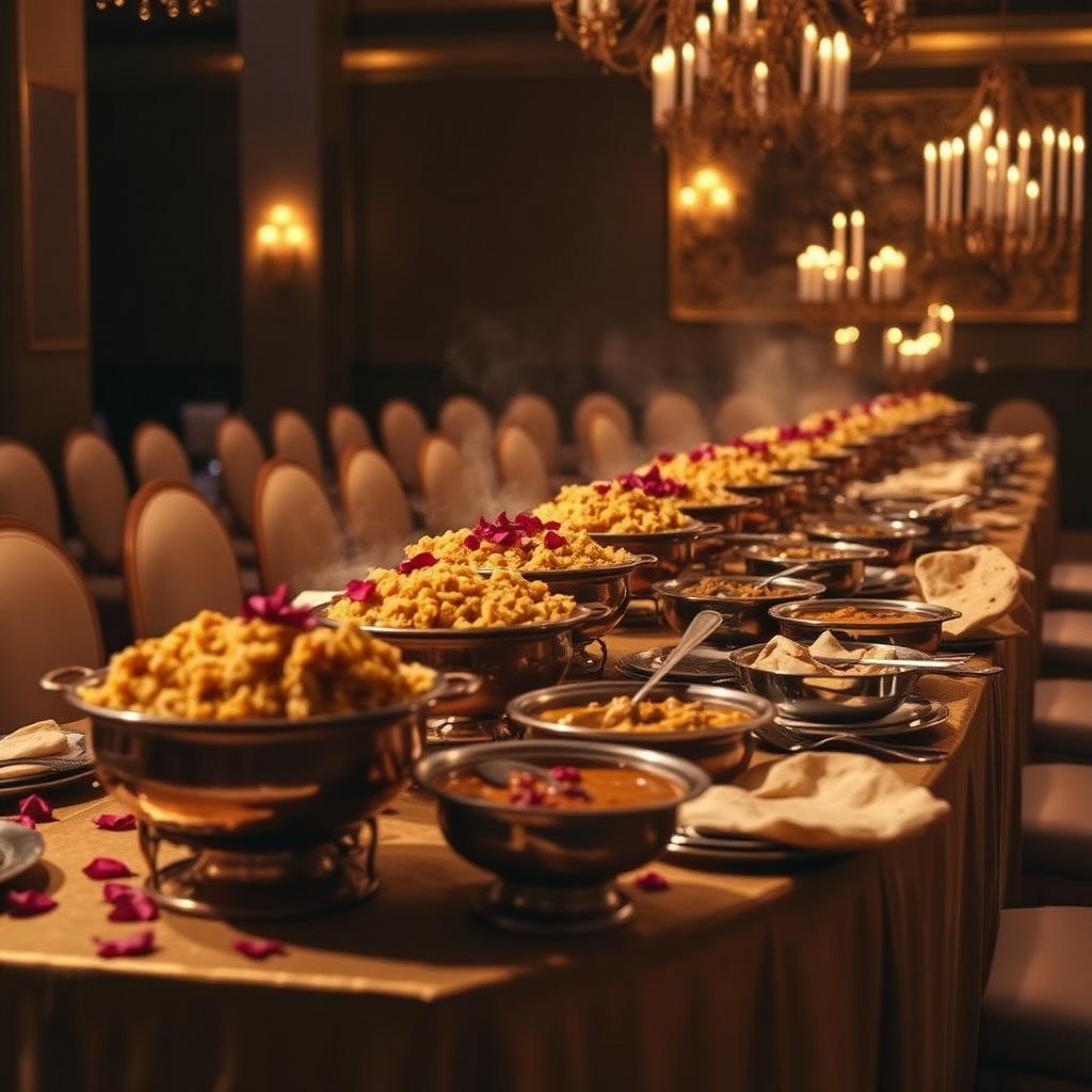 Desi function catering buffet with biryani & curries